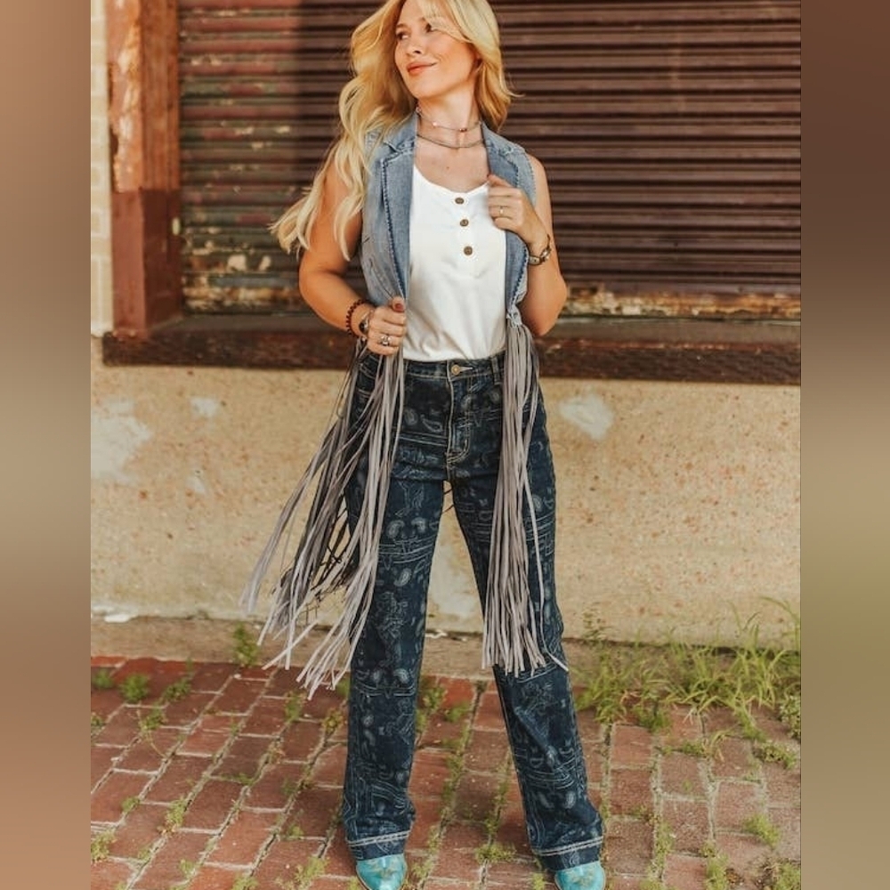 NEW LUCKY AND BLESSED Grey Stone Wash Western Fringe Denim Vest
